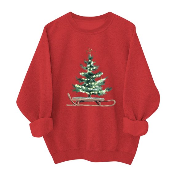 SYMOID Womens Red Christmas Oversized Sweatshirt - 100% Cotton Festive Tree Print Crew Neck Loose Fit Casual Holiday Top (S-XXL),Size L