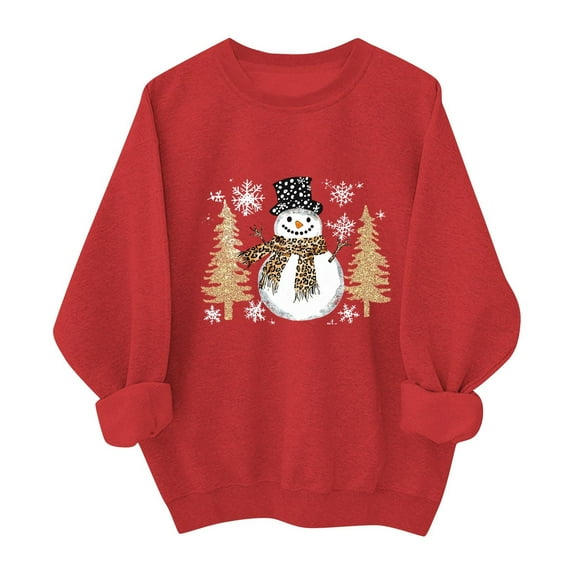 SYMOID Womens Red Christmas Sweatshirt, Soft Cotton Loose Crew Neck with Snowman Graphic, Festive Holiday Pullover for Women (S-XXL),Size L