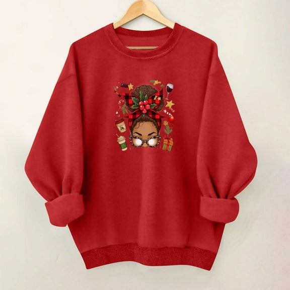 SYMOID Womens Red Christmas Sweatshirt, Soft Cotton Loose Fit Crew Neck Long Sleeve Festive Graphic for Holiday Party Daily Wear,Size L