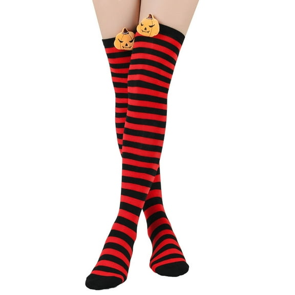 SYMOID Womens Red Hall-oween Over-the-Knee Socks - Striped with Pumpkin Accent, 100% Polyester Free Size for Costume & Party Wear,Size Free Size
