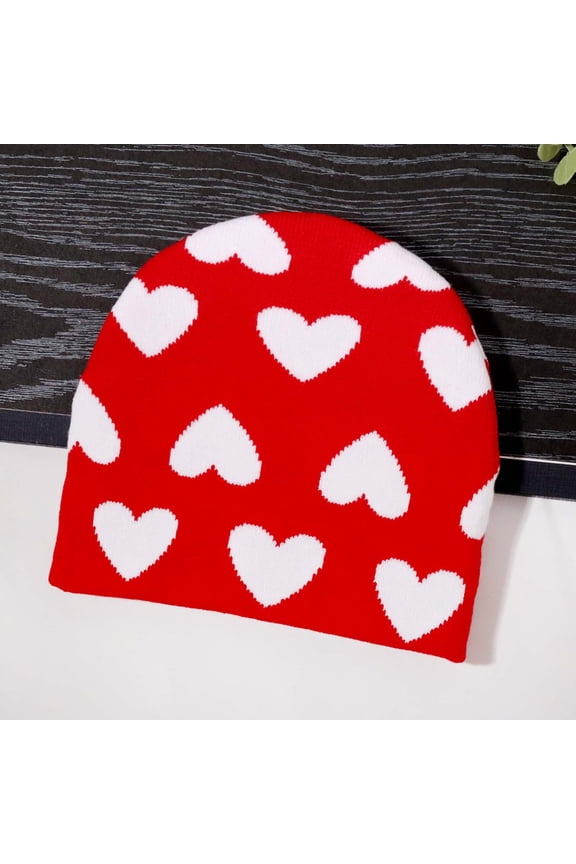 Womens Red Knit Beanie - Warm 100% Polyester Winter Hat with Heart Pattern, One Size Fits Most for Daily Use,Size Free Size