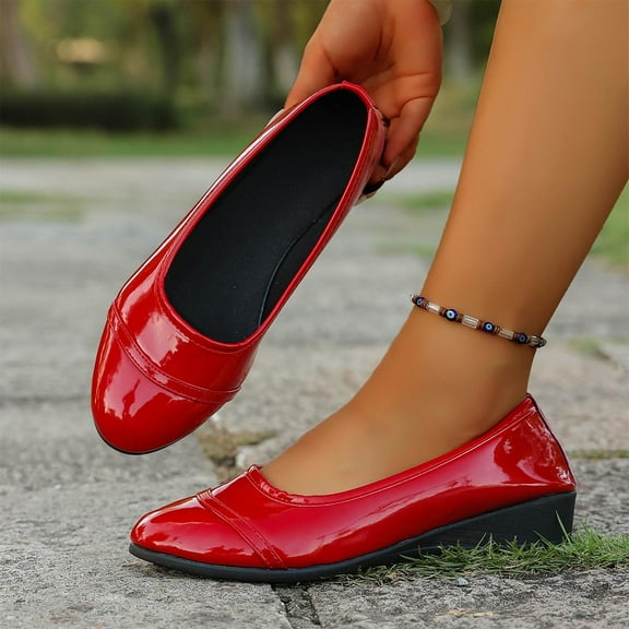 SYMOID Womens Red Patent Pu Comfort Wedge Flats - Round Toe Slip-on, Stable Heel for Casual & Office, Sizes 36-42,Size 37