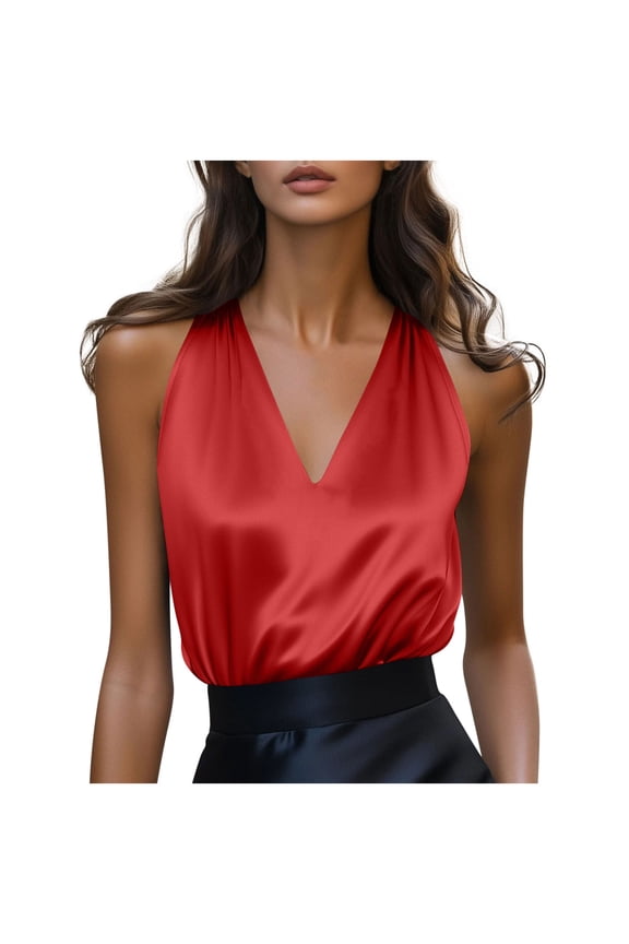 Womens Red Satin Top | Halter Neck Sleeveless Blouse for Wedding Guest, Party, Date Night | Plus Size V-Neck Satin Shirt,Size S