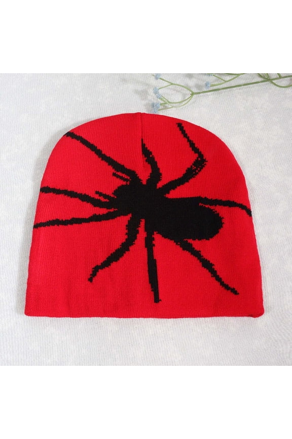Womens Red Spider Jacquard Beanie - Thermal Knit, One Size Fits All for Streetwear, Daily & Hall-oween Outfits,Size Free Size