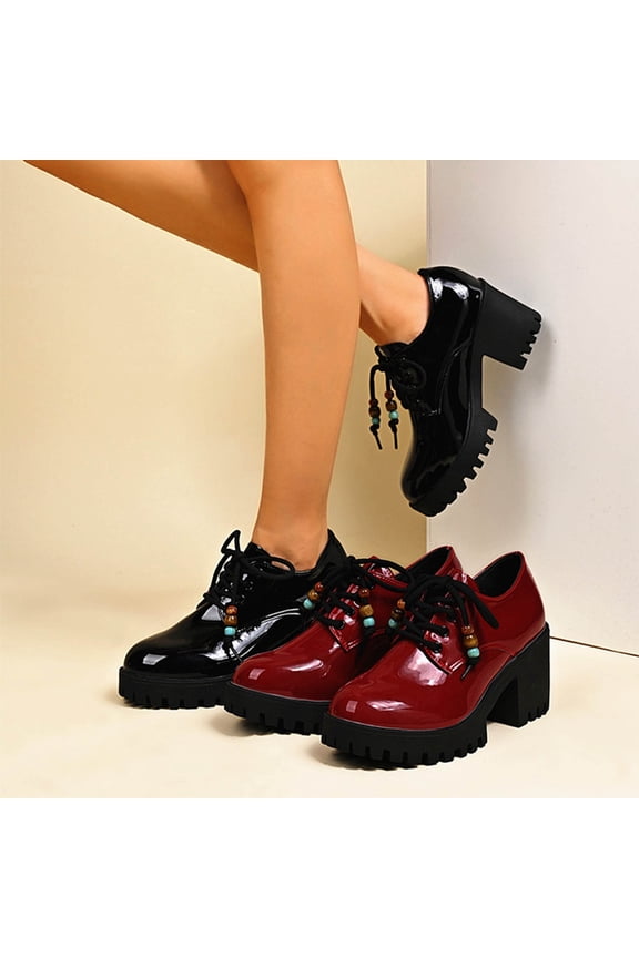 Womens Red Vintage Chunky Heel Derby Shoes - Glossy Pu, Non-Slip Lu-Ug Sole, Plus Size 36-43, Re-Ro Platform Footwear,Size 41