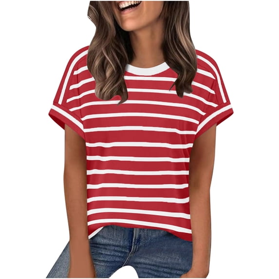 SYMOID Womens Red & White Striped Short Sleeve Top - Relaxed Fit, Drop Shoulder Casual Shirt in Soft Stretch Fabric,Size 2XL