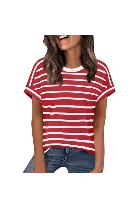 Womens Red & White Striped Short Sleeve Top - Relaxed Fit, Drop Shoulder Casual Shirt in Soft Stretch Fabric,Size M