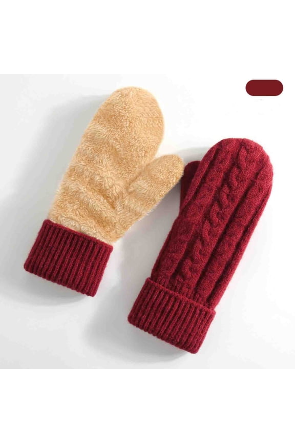 Womens Red Winter Mittens, Fleece Lined Cable Knit Acrylic Mittens with Elastic Ribbed Cuffs, Free Size Fits Most Adults, 1 Pair for Cold Weather Daily Wear,Size Free Size
