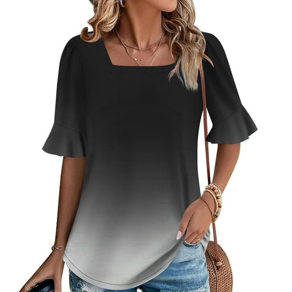 SYMOID Womens Regular Size Casual Fashion Gradient Printed Short Sleeve Square Neck Pull-On Flared Sleeve Blouse,Black,Size 2XL