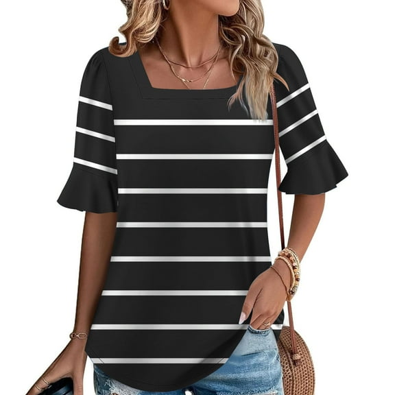 SYMOID Womens Regular Size Casual Fashion Striped Printed Short Sleeve Square Neck Pull-On Flared Sleeve Blouse,Black,Size XL