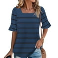 thumbnail image 1 of SYMOID Womens Regular Size Casual Fashion Striped Printed Short Sleeve Square Neck Pull-On Flared Sleeve Blouse,Dark Blue,Size M, 1 of 6