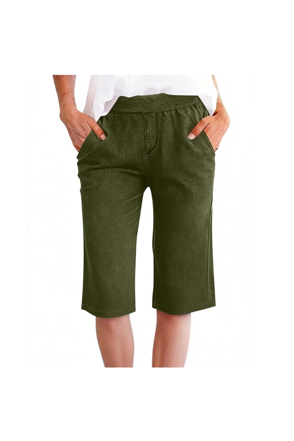 Womens Relaxed Fit Wide Leg Capri Pants Elastic Waist Soft Rayon Blend Cropped Pants with Pockets Green,Size L
