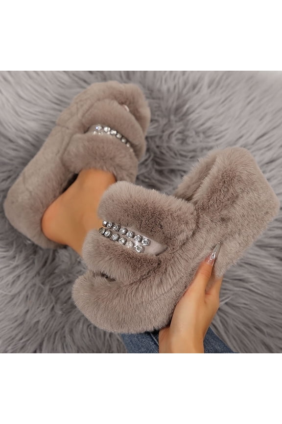 Womens Rhinestone Fuzzy Platform Slippers, Open Toe 100% Polyester indoor Outdoor Warm Khaki Footwear,Size 38
