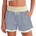 thumbnail image 1 of SYMOID Womens Ribbed Striped Lounge Shorts High Waisted with Pockets - Soft Stretchy Elastic Waist Casual Shorts for Women, Blue and Cream,Size 2XL, 1 of 5