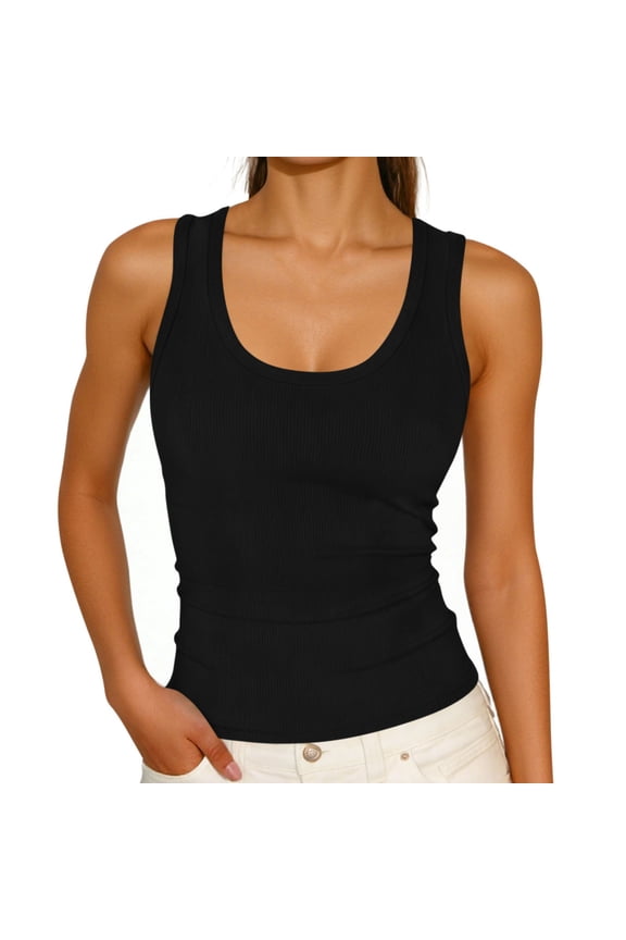 Womens Ribbed Tank Top Slim Fit Sleeveless Stretchy Cami for Women, Polyester Spandex Layering Casual Workout Top - Black,Size S