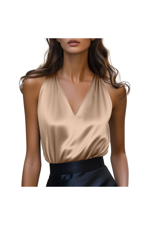 Womens Rose Gold Satin Halter Top | Sleeveless V-Neck Blouse for Party, Wedding Guest, Date Night | Plus Size Satin Shirt,Size M