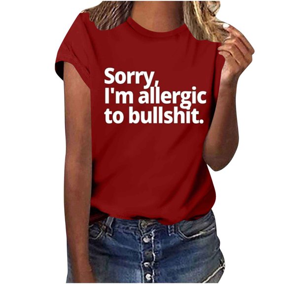 SYMOID Womens Round Neck Printed Short Sleeved Casual Loose T - shirt for Daily & Party Use,Red,Size S