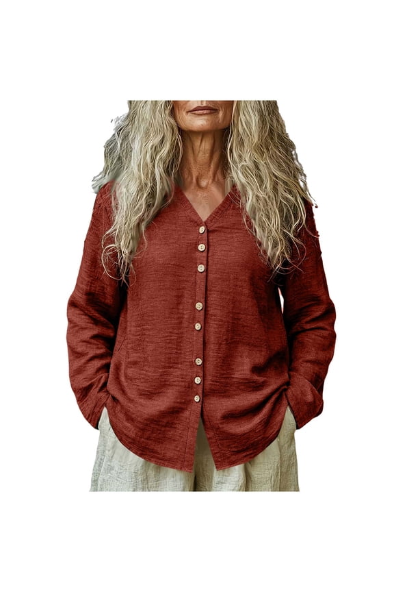 Womens Rust Red Linen Blend Button Down Shirt, Relaxed Fit Tunic Top with Pockets, Long Sleeve V-Neck Casual Blouse,Size M