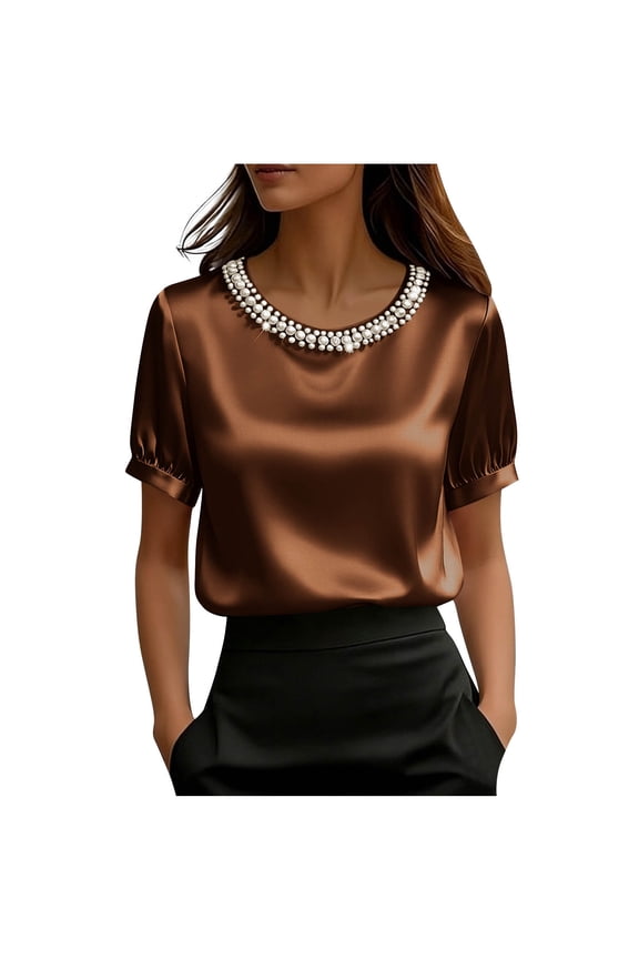 Womens Satin Blouse Brown Puff Short Sleeve Pearl Embellished Round Neck Dressy Work Top,Size M