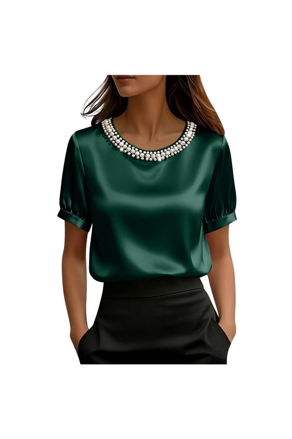 Womens Satin Blouse Pearl Trim Neckline Puff Short Sleeve Army Green Dressy Casual Top,Size S