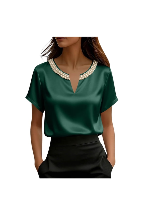 Womens Satin Blouse with Pearl Beaded V Neck Short Sleeve Flowy Casual Dressy Top Army Green,Size M