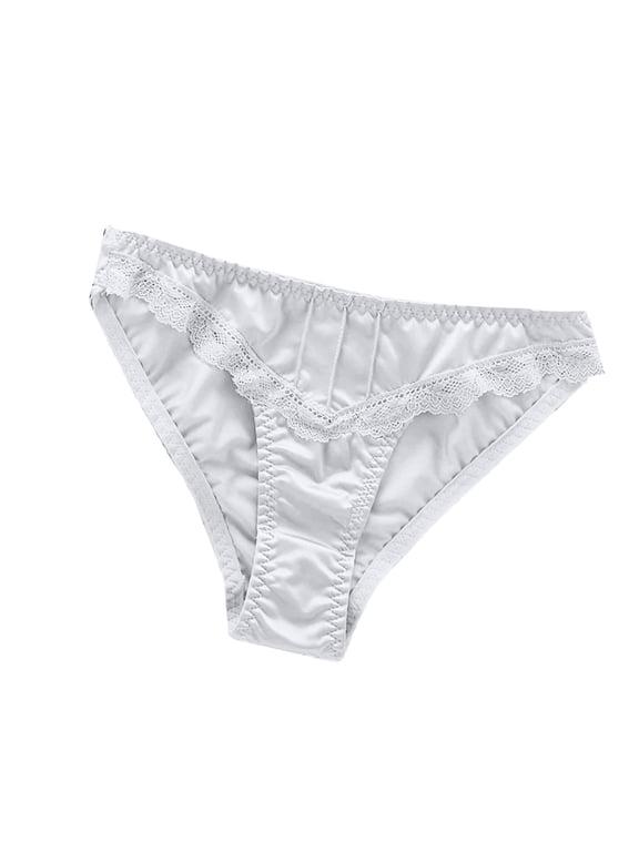 Womens Satin Lace Trim Bikini Panties, Mid-Rise Stretch Underwear with Soft Polyamide, White Underpants 1-Pack,Size S