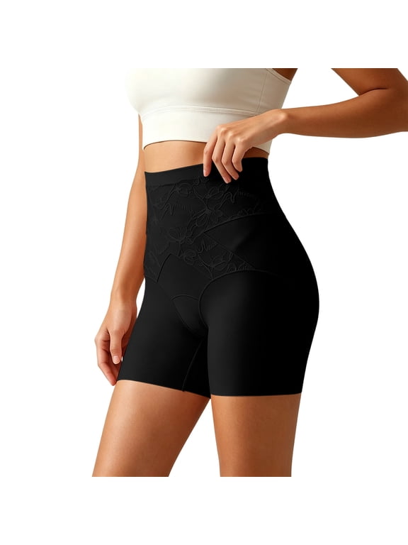 Womens Seamless High Waist Shaping Shorts, Anti-Roll Mid-Thigh Tummy Control Underdress Shapewear with Floral Lace Waist,Size L