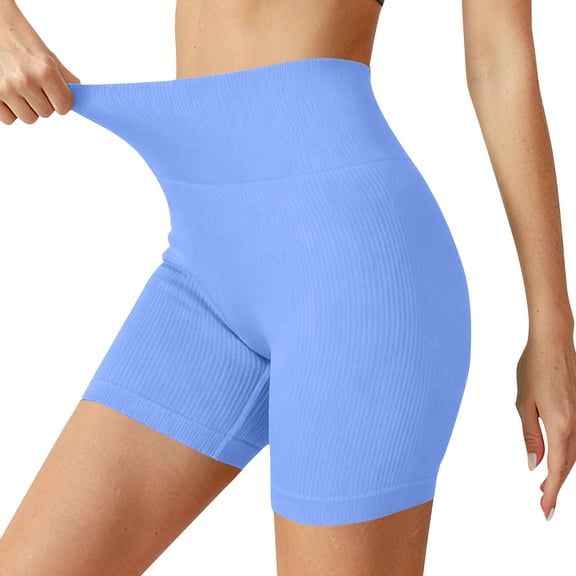 SYMOID Womens Seamless Ribbed Biker Shorts High Waisted Tummy Control Compression Yoga Workout Nylon Spandex Light Blue,Size M