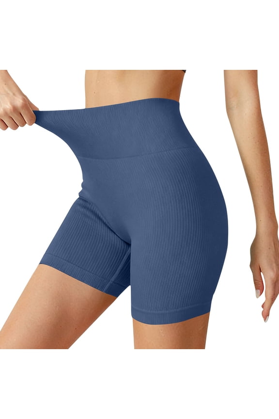 Womens Seamless Ribbed Compression Biker Shorts High Waisted Tummy Control Yoga Shorts Nylon Spandex Blue,Size L