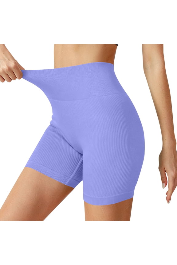 Womens Seamless Ribbed High Waisted Compression Biker Shorts Tummy Control Yoga Workout Nylon Spandex Purple,Size L