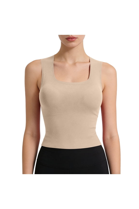 Womens Seamless Square Neck Tank Top, Beige Nylon Spandex Slim Fit Cropped Camisole, Stretchy Shapewear Basic Sleeveless Top, 1pc,Size M
