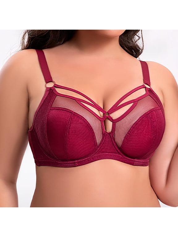 Womens Sheer Mesh Bra with Butterfly Detail - Nylon-Spandex, Comfortable, Adjustable Straps, Wine Color, Size L (85J)