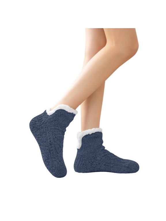Womens Sherpa Lined Cable Knit Slipper Socks, Warm Fuzzy Indoor Ankle Socks for Winter, Navy