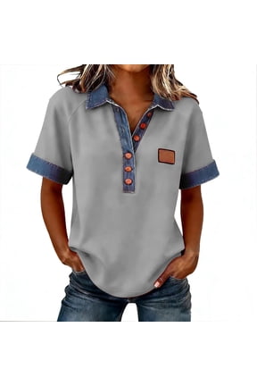 Womens Short Sleeve Polo Shirt, Gray Oversized Henley Top with Denim Collar & Buttons - Stretchy Casual Tunic,Size M