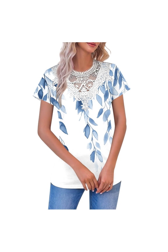 Womens Short Sleeve Top with Lace Neckline, Watercolor Leaf Print Relaxed Fit Blouse, Plus Size Available, Multicolor,Size XL