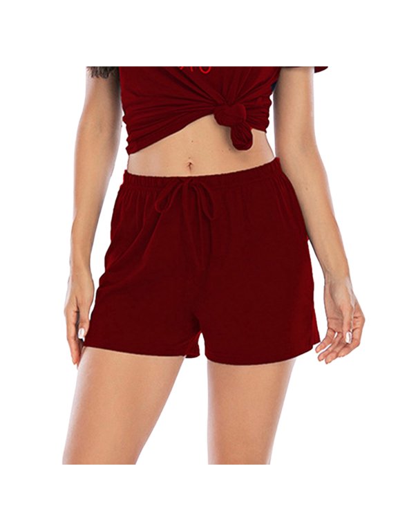 Womens Shorts High Rise for Lounge Yoga, Nylon Spandex Athletic Drawstring Shorts, Comfy Stretch Casual Mid Thigh Shorts in Burgundy,Size L