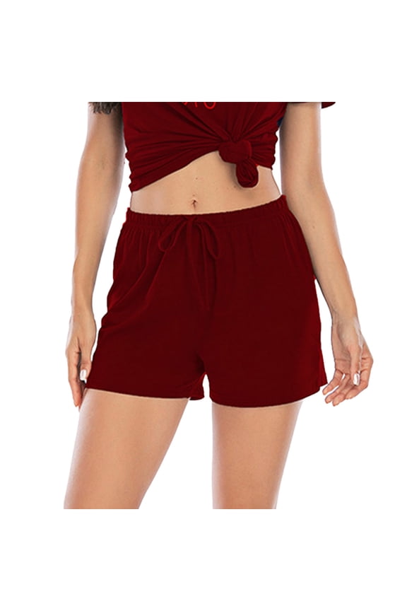 Womens Shorts High Rise for Lounge Yoga, Nylon Spandex Athletic Drawstring Shorts, Comfy Stretch Casual Mid Thigh Shorts in Burgundy,Size XL