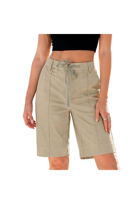 Womens Shorts Knee Length Casual Cotton Blend Shorts with Pockets Drawstring Elastic Waist Khaki,Size 2XL