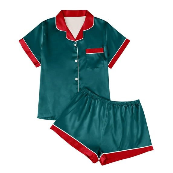SYMOID Womens Silky Short Sleeve & Shorts Pajama Set - 100% Polyester Army Green, Button Down with Contrast Trim, Inclusive Sizes S-XXL for Sleep & Lounging,Size L