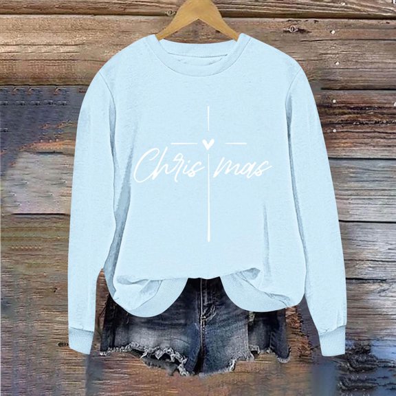 SYMOID Womens Sky Blue Christmas Graphic Cross Heart Sweatshirt - 100% Polyester Loose Fit Round Neck Long Sleeve Religious Festive Casual Pullover,Size XL