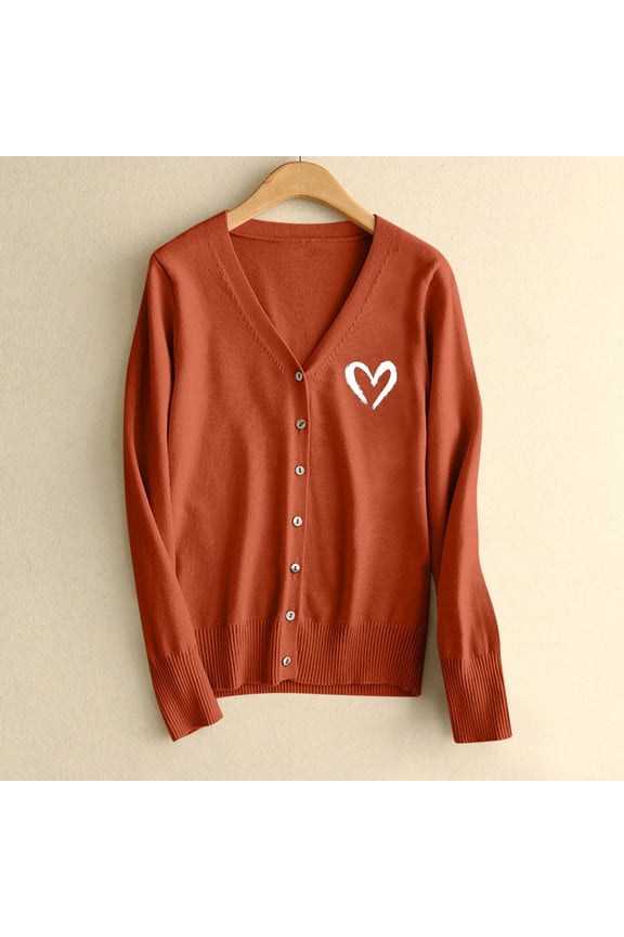 Womens Soft Acrylic Cardigan - V-Neck Button Front Long Sleeve with Heart Pattern, Orange, Inclusive Sizes S-XXXL,Size 3XL