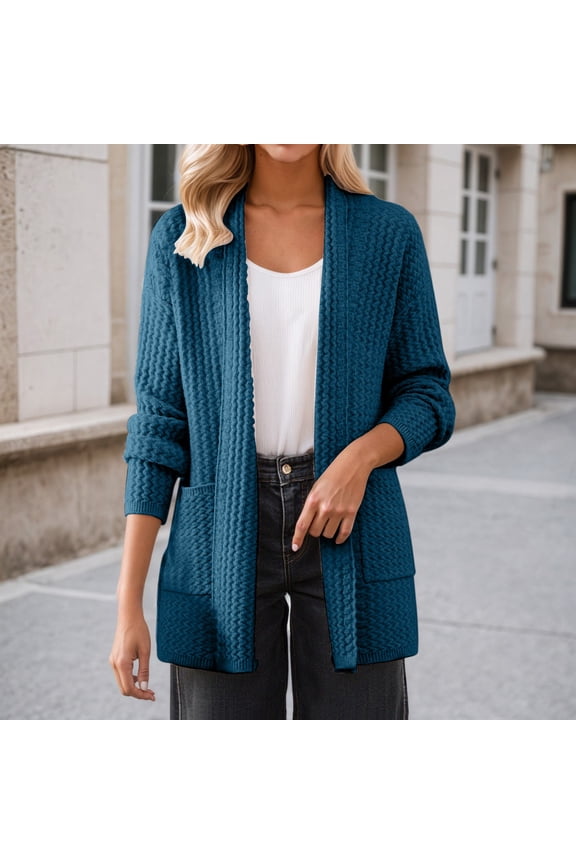 Womens Soft Acrylic Open Front Cardigan - Blue, Long Sleeve, Ribbed Hem, Front Pockets, S-XL,Size XL