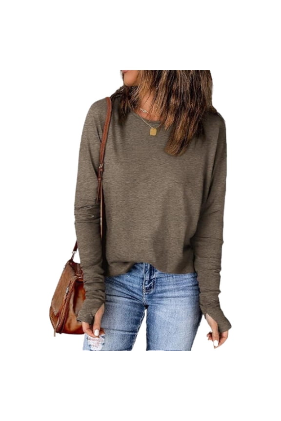 Womens Soft Stretch Long Sleeve Top - Loose Fit with Drop Shoulder & Thumb Hole Cuffs, Breathable for Everyday Wear & Layering, Coffee (S to XXL),Size 2XL