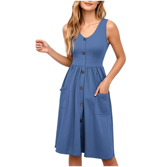SYMOID Womens Solid Color Sleeveless V - Neck Casual Fashion Mid - Calf Dress with Pockets,Blue,Size L