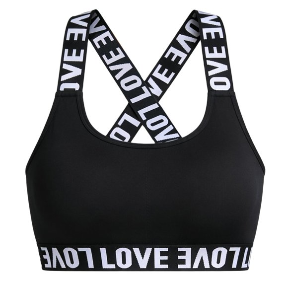 SYMOID Womens Sports Bra Cross Back Medium Support Ribbed I Love Slogan Nylon Spandex Yoga Gym Top Black,Size S