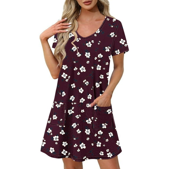 SYMOID Womens Spring & Summer Floral Print Short - sleeved V - neck Slim Casual Mini Shift Dress with Functional Pockets,Red,Size XL
