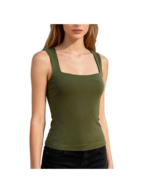 Womens Square Neck Tank Top, 95% Polyester 5% Spandex Fitted Sleeveless Top, Army Green,Size 2XL