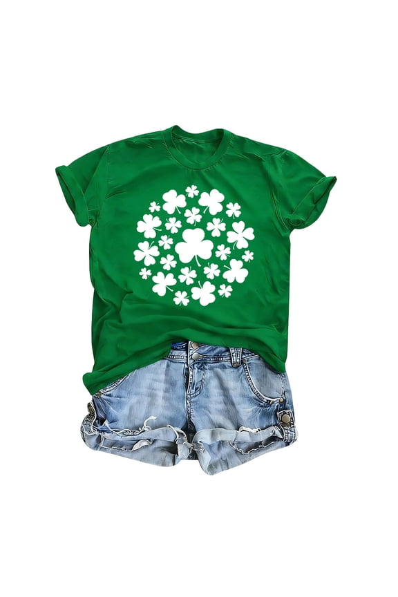 Womens St Patrick's Day Shirt, St Patty's Day Graphic Tee Clover Print, Soft Stretch Green T-Shirt, Tagless Comfort Fit S-3XL,Size 2XL