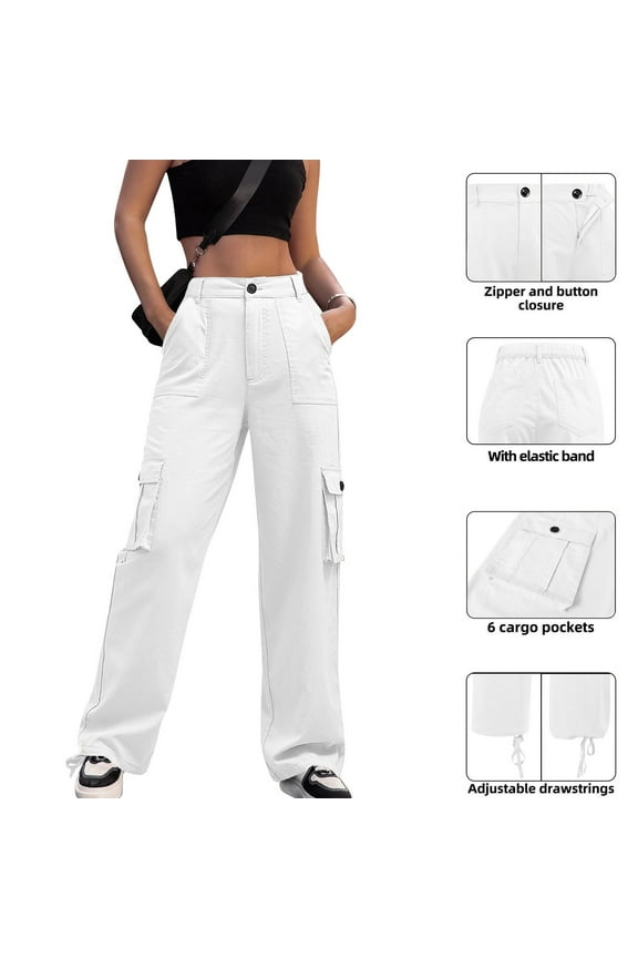 Womens Stretchy High Waisted Wide Leg Cargo Pants with Multi-Pockets & Ankle Drawstring - Nylon-Spandex Blend, White,Size S