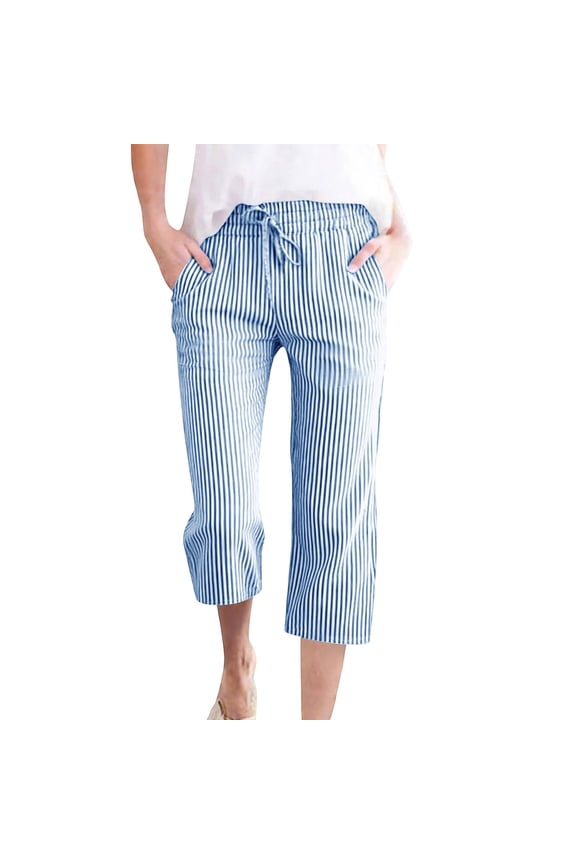 Womens Striped Capri Pants with Pockets Nylon Spandex Stretchy Drawstring Elastic Waistband Casual Summer Comfort Fit Blue,Size 3XL